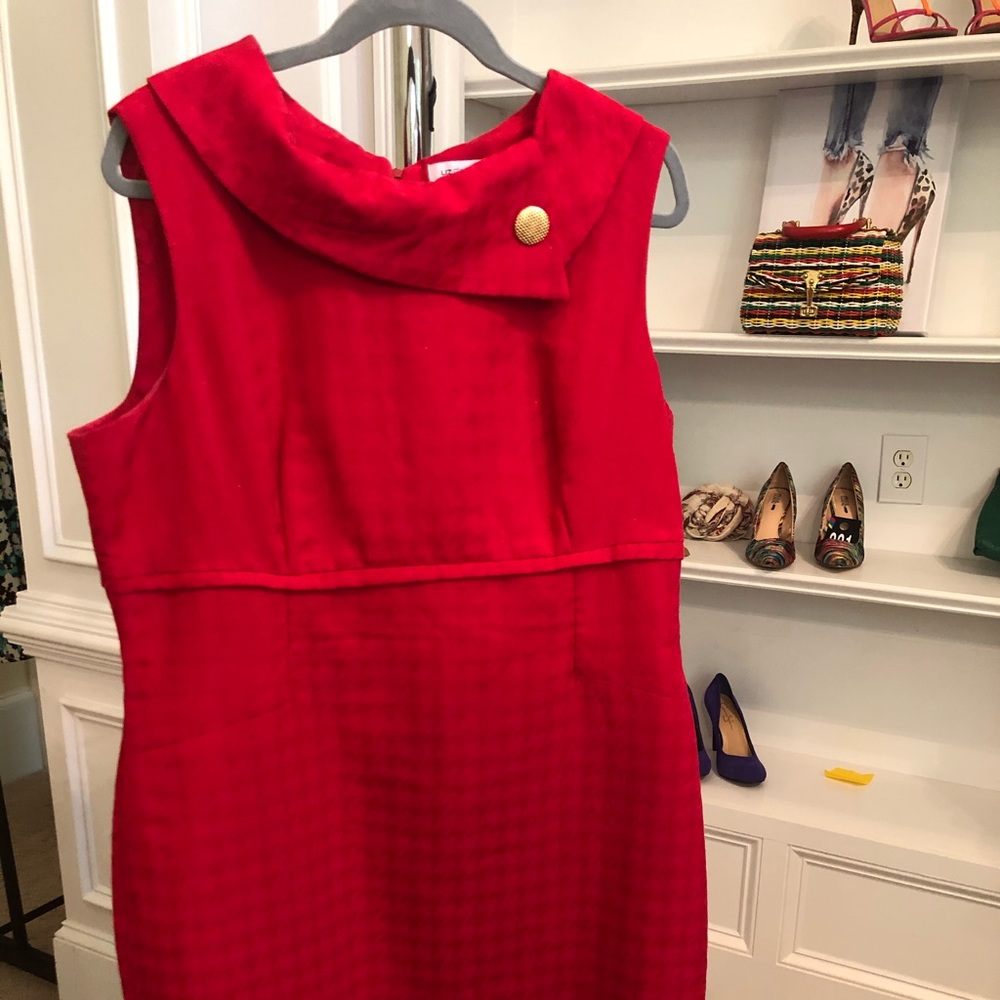 Red, gold button dress.